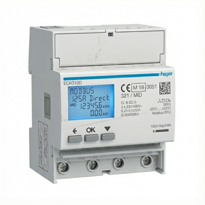 Compteur d'énergie triphasé direct 125A 6M MODBUS MID - HAGER - ECR310D