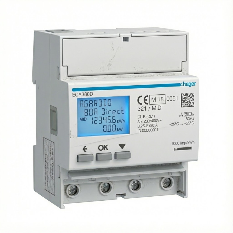 Compteur d'énergie triphasé direct 80A 4M AGARDIO MID - HAGER - ECA380D