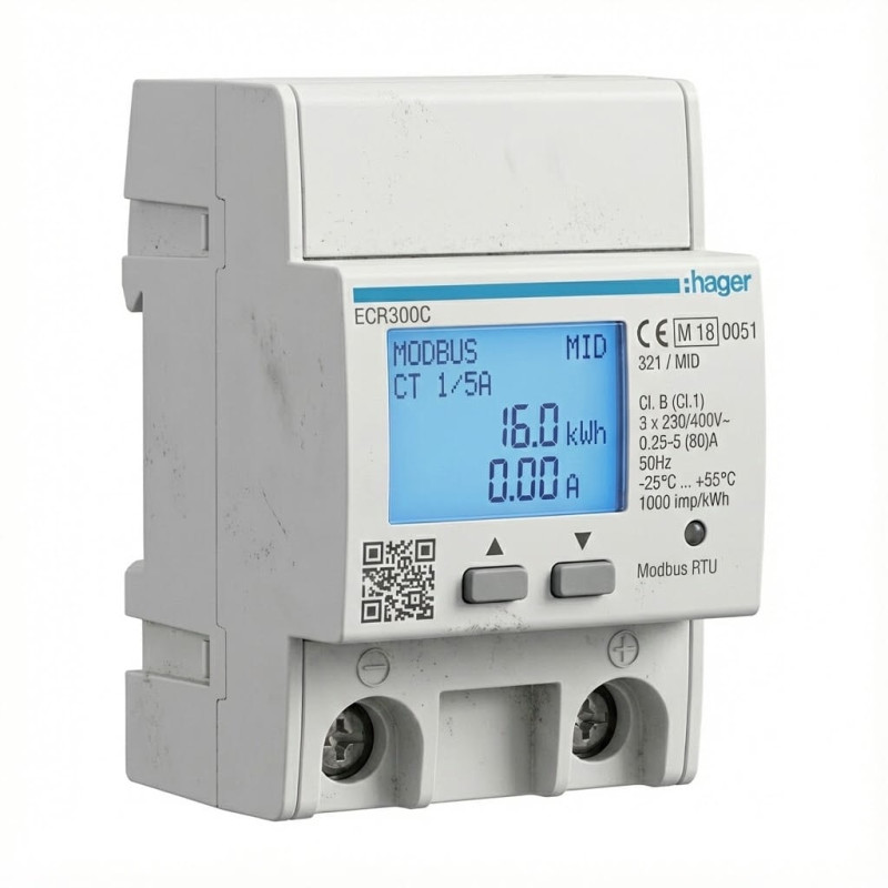 Compteur d'énergie triphasé via CT 1A or 5A 4M MODBUS MID - HAGER - ECR300C