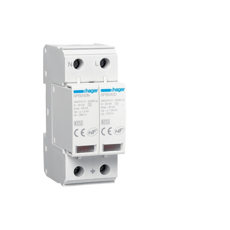 PARAFOUDRE -In 20kA Imax 40kA 2P T2 TNS/TT Uc 275V- TELESIGNALISATION -HAGER-SPB240R