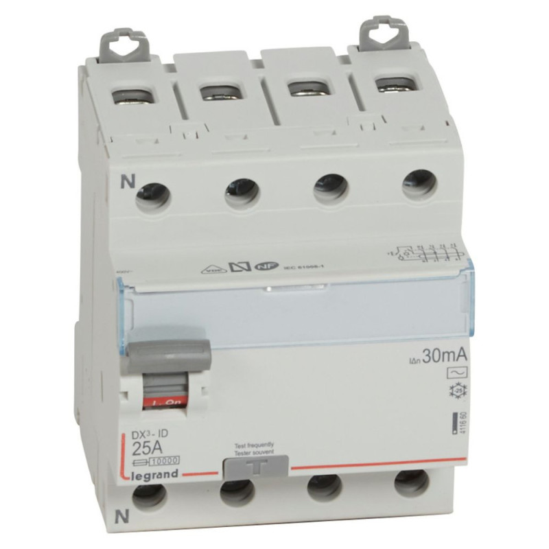 Interrupteur différentiel DX³-ID à vis - 4P 400V~ 25A typeAC 30mA - Legrand - 411660