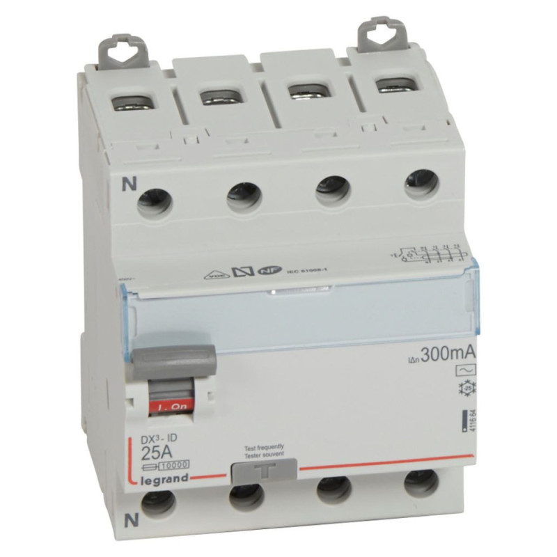 Interrupteur différentiel DX³-ID à vis - 4P 400V~ 25A typeAC 300mA - Legrand - 411664