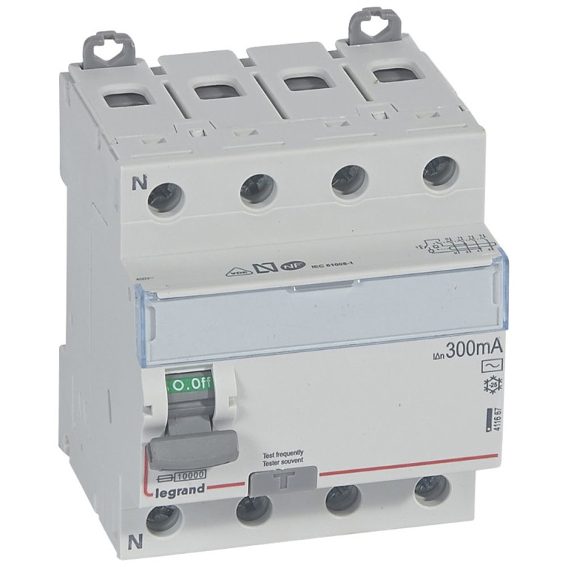 Interrupteur différentiel DX³-ID arrivée haute et départ bas à vis - 4P 400V~ 80A typeAC 300mA - 4 modules - Legrand - 411667