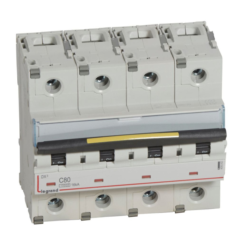 Disjoncteur DX³10000 16kA arrivée haute et départ bas à vis 4P - 400V~ - 80A - courbe C - 6 modules - 409362