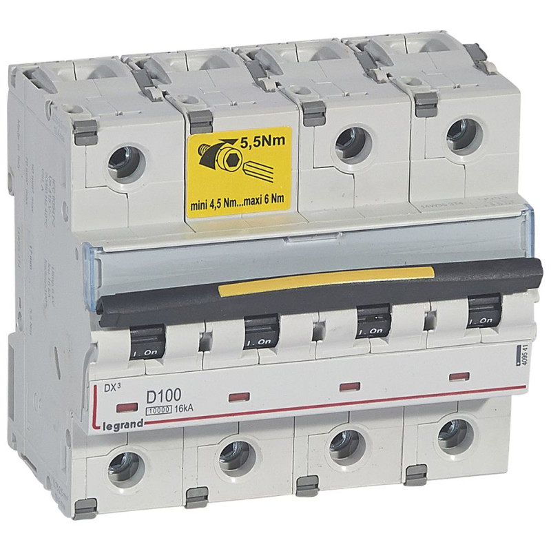 Disjoncteur DX³10000 16kA arrivée haute et départ bas à vis 4P 400V~ - 100A - courbe D - 6 modules - Legrand - 409541