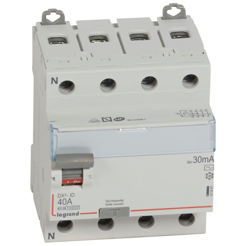 Interrupteur différentiel DX³-ID arrivée haute et départ bas à vis - 4P 400V~ 40A typeAC 30mA - 4 modules - Legrand - 411661