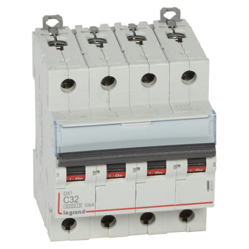 Disjoncteur DX³6000 10kA arrivée haute et départ bas à vis 4P 400V~ - 32A - courbe C - pour peigne HX³ traditionnel - 407901 Disjoncteur DX³6000 10kA arrivée haute et départ bas à vis 4P 400V~ - 32A - courbe C - pour peigne HX³ traditionnel - 407901