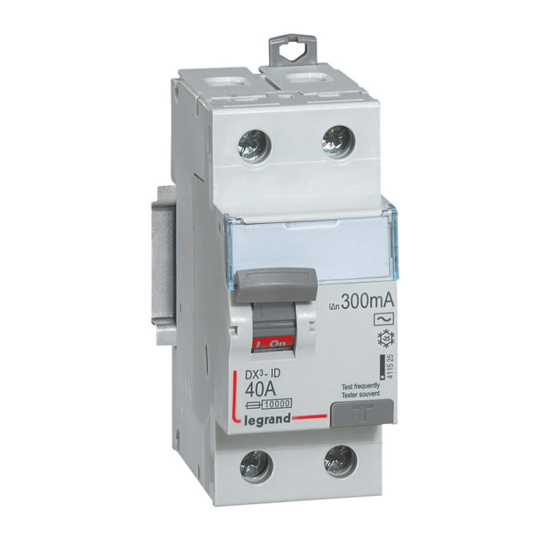 Interrupteur différentiel DX³-ID arrivée haute et départ bas à vis - 2P 230V~ 40A typeAC 300mA - 2 modules - Legrand - 411525