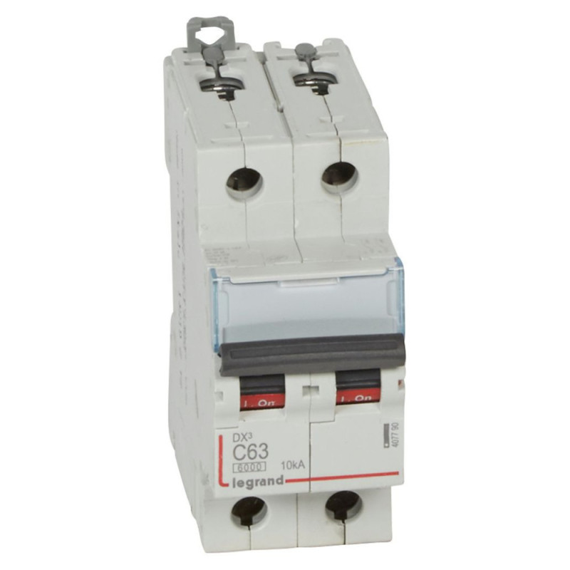 Disjoncteur DX³6000 10kA arrivée haute et départ bas à vis 2P 230V~ à 400V~ - 63A - courbe C - 2 modules - Legrand - 407790