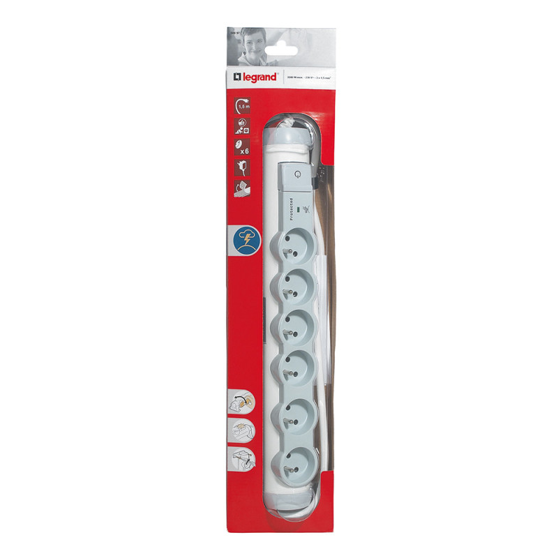 Rallonge multiprise 6 prises de courant 2P+T 16A 230V avec parafoudre - blanc et gris - Legrand - 050097