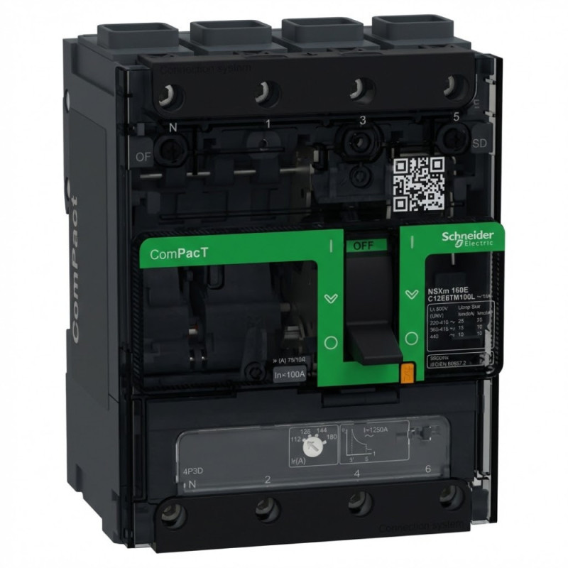 Disjoncteur ComPacT NSXm 160E, 16kA/415VAC, 4 pôles 3D, unité TMD 100A, assoupir EverLink - SCHNEIDER - C11E6TM100L