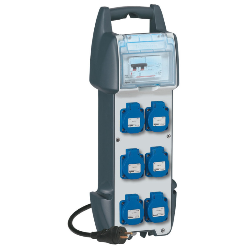 Coffret corps de métier P17 IP44 IK10 16A - 250V~ - avec 6 prises brochage domestique, protections et cordon 3m Legrand - 058940