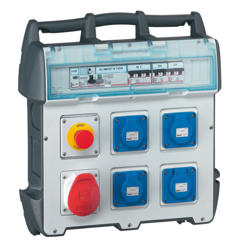 Coffret de chantier P17 IP44 IK09 40A - 400V - 4 prises brochage domestique, 1 prise 32A 3P+T et protections Legrand - 058953