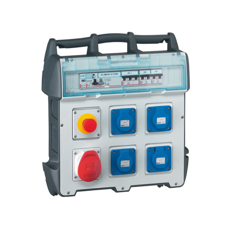 Coffret de chantier P17 IP44 IK09 40A - 400V - 4 prises brochage domestique, 1 prise 32A 3P+N+T et protections Legrand - 058954 Coffret de chantier P17 IP44 IK09 40A - 400V - 4 prises brochage domestique, 1 prise 32A 3P+N+T et protections Legrand - 058954