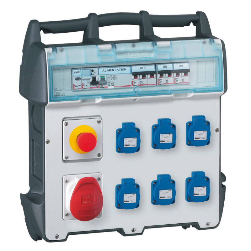 Coffret de chantier P17 IP44 IK09 - 230V - 6 prises brochage domestique, 1 prise 16A 3P+N+T et protections Legrand - 058951