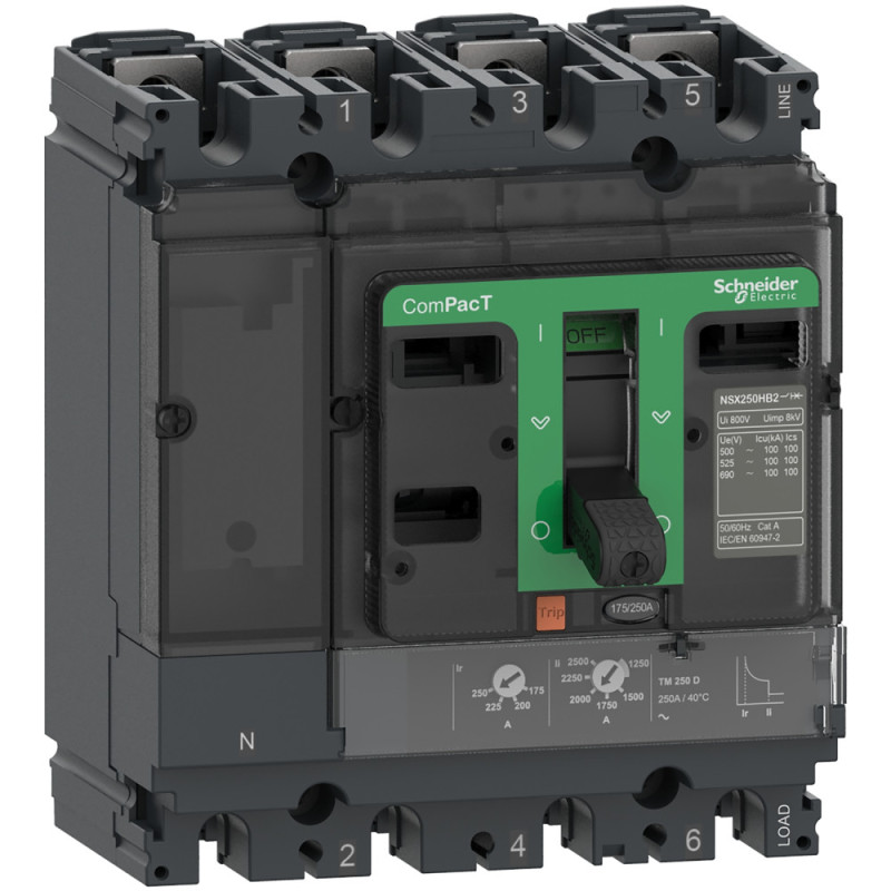 Disjoncteur - TM-D 250A - 4P4D - 70kA - montage fixe - ComPacT NSX250H - SCHNEIDER ELECTRIC - C25H4TM250