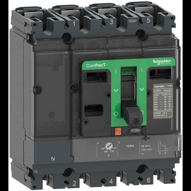 Disjoncteur - TM-D 63A - 4P4D - 70kA - montage fixe - ComPacT NSX100H - SCHNEIDER ELECTRIC - C10H4TM063