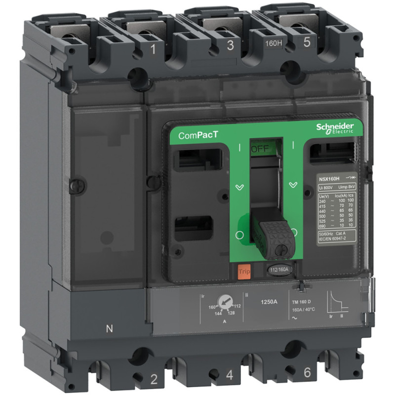 Disjoncteur - M-D 125A 70kA 4P4D - montage fixe - ComPacT NSX160H - SCHNEIDER ELECTRIC - C16H4TM125