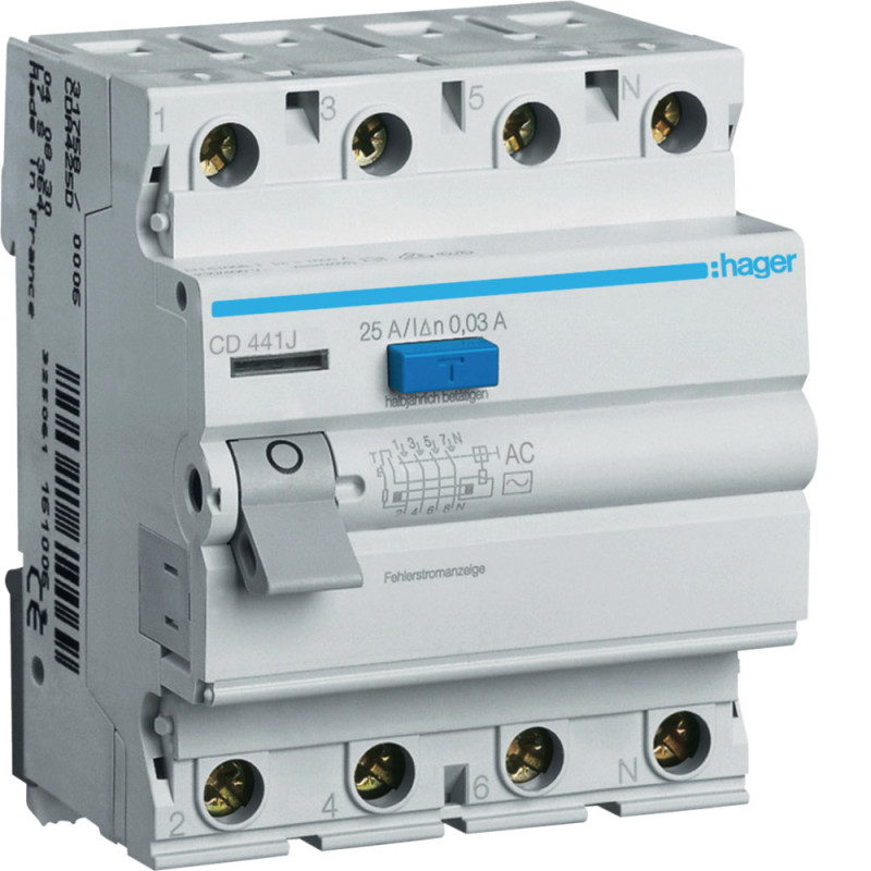 Interrupteur Différentiel Tétrapolaire 30ma 40a Type Ac - Bornes Alignées - Hager - Cd441j