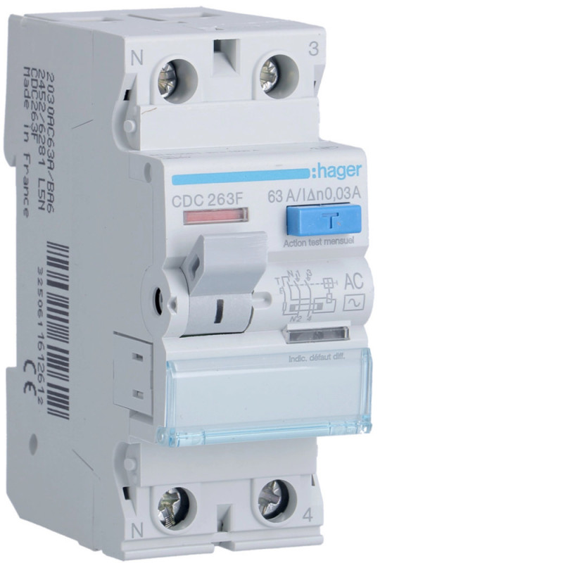 Interrupteur différentiel 2P 63A 30mA type AC - Hager - CDC263F