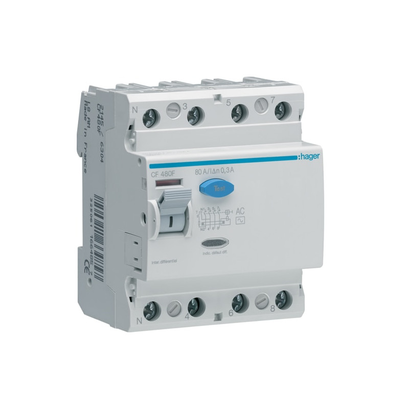 Interrupteur Differentiel 4poles 80a 300ma -Hager - CF480F