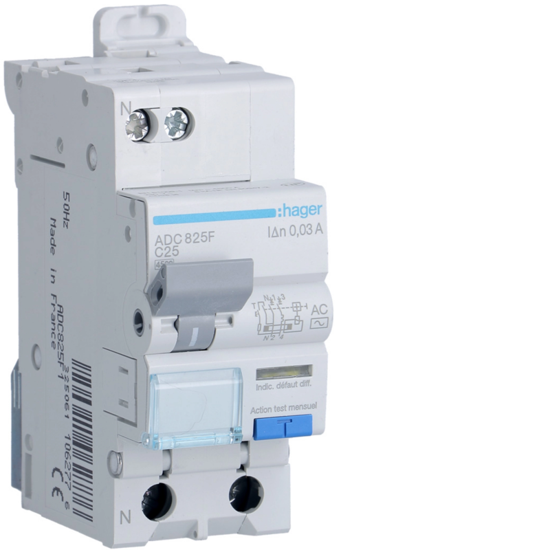 DPN DIFFÉRENTIEL 4,5/6kA PH+N 25A 30mA - HAGER - ADC825F