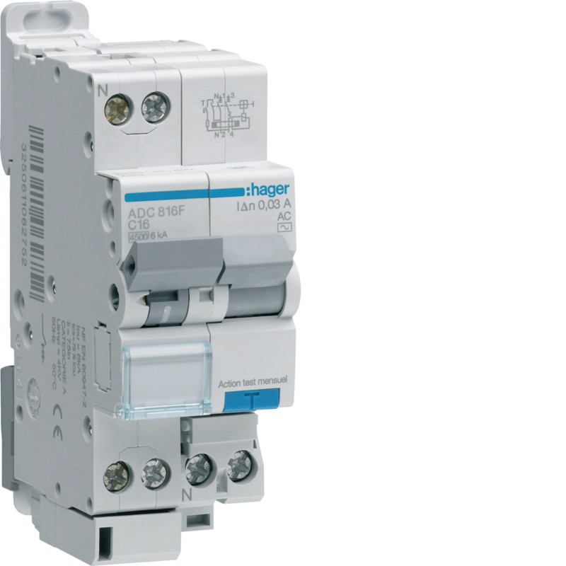DPN DIFFÉRENTIEL 4,5/6kA PH+N 16A 30mA - HAGER - ADC816F