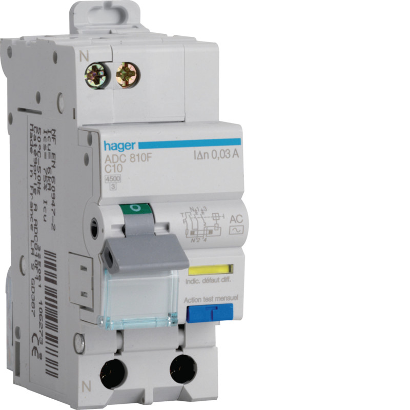 DPN DIFFÉRENTIEL 4,5/6kA PH+N 10A 30mA - HAGER - ADC810F