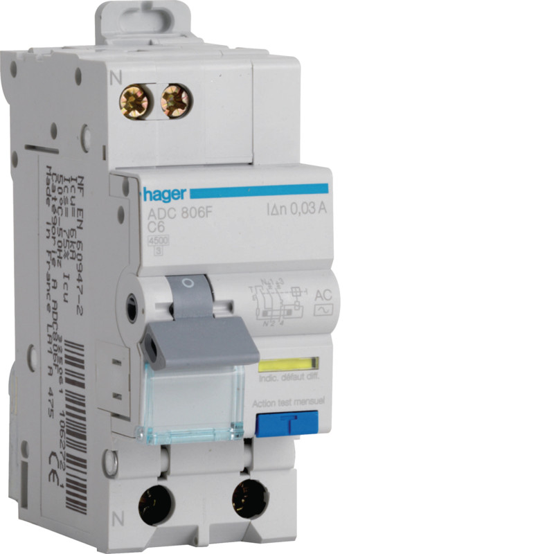 DPN DIFFÉRENTIEL 4,5/6kA PH+N 6A 30mA - HAGER - ADC806F