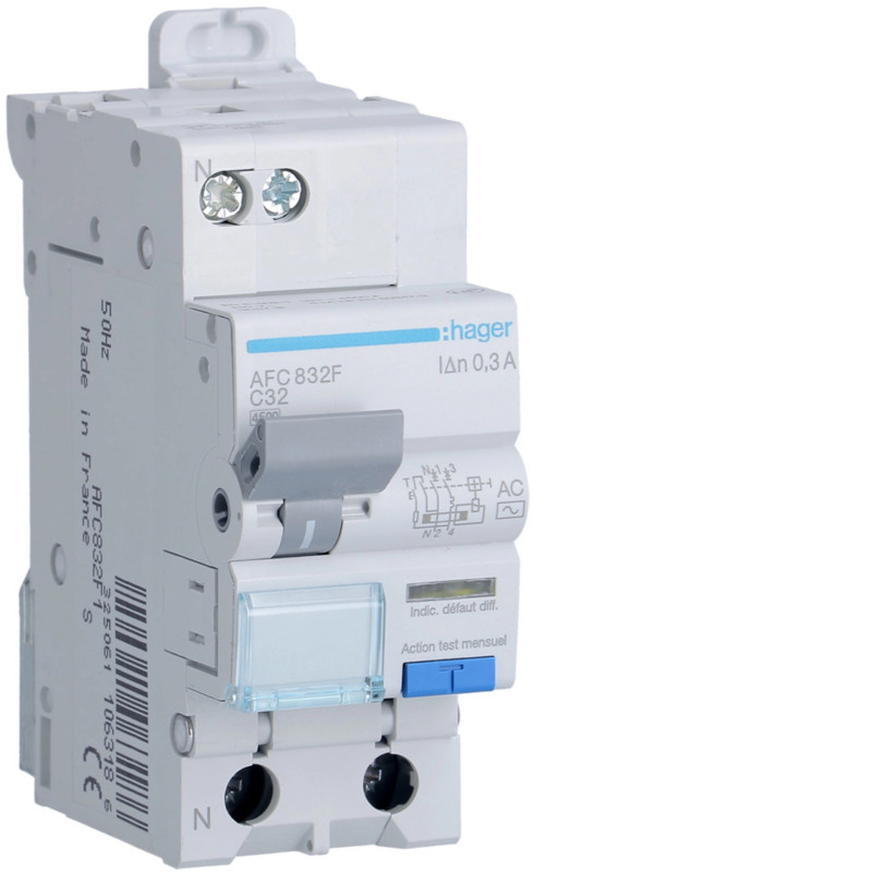 Disjoncteur Différentiel 1P+N 4.5kA C-32A 300mA type AC - Hager - AFC832F