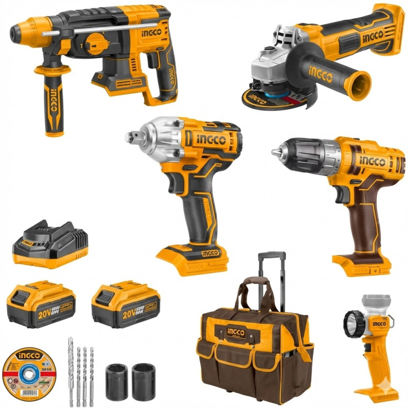 KIT 5PCS +CDLI204531+CAGLI21154+CIWLI20401+CHH LI20228+LAMPE+2BAT 4AH+CHARG+ACC - Ingco - CKLI2058