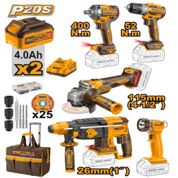 KIT 5PCS +CDLI204531+CAGLI21154+CIWLI20401+CHH LI20228+LAMPE+2BAT 4AH+CHARG+ACC - Ingco - CKLI2058
