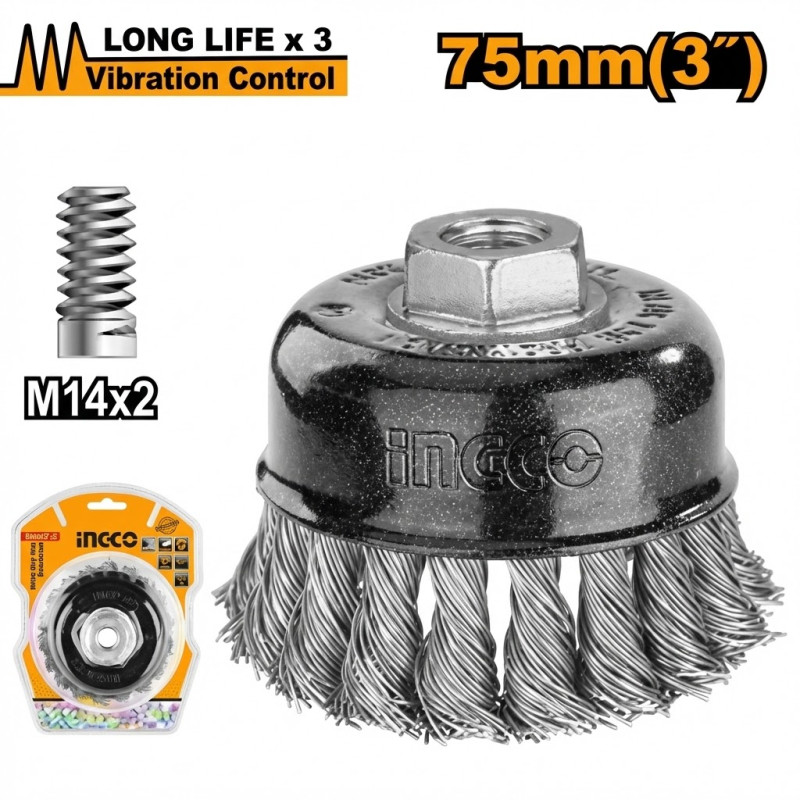 Brosse boisseau à fils laitonnes 75mm diamètre 0.5 - Ingco - WB20755