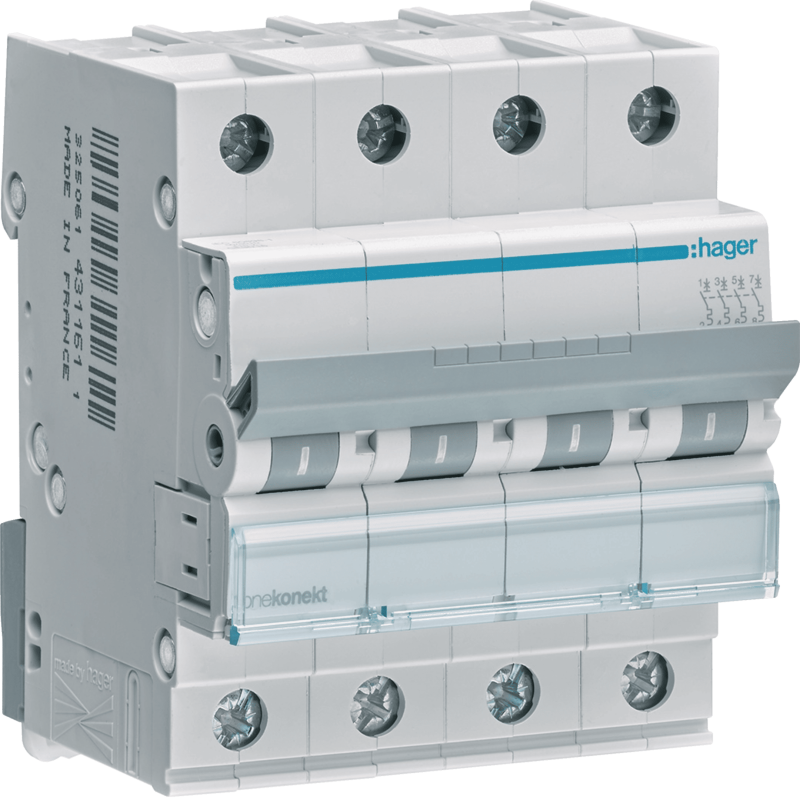 Disjoncteur 63A 4P 6KA courbe C 4M - HAGER - MCN463A Disjoncteur 63A 4P 6KA courbe C 4M - HAGER - MCN463A