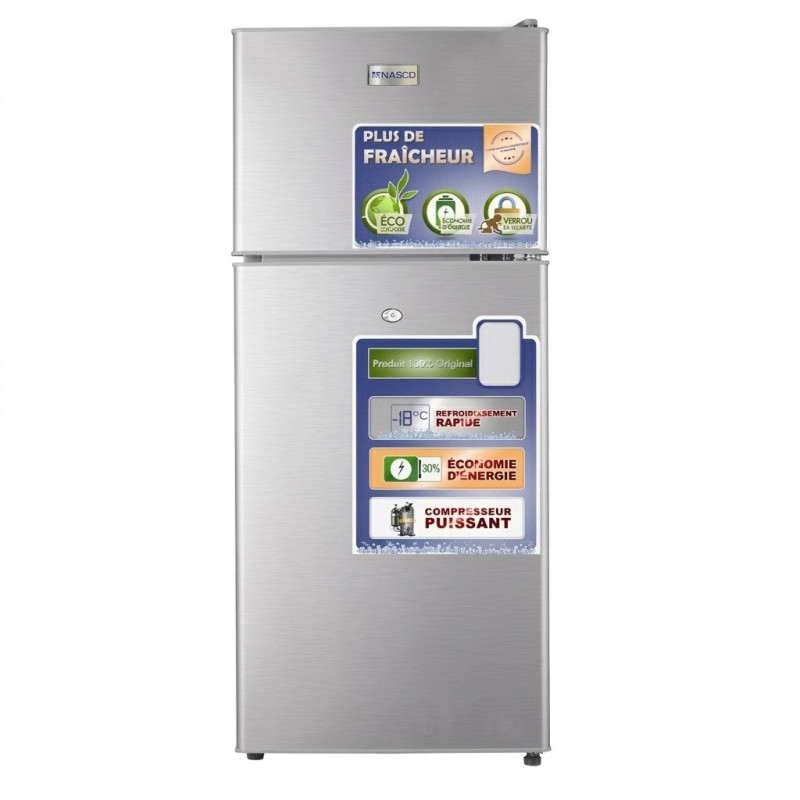 Réfrigérateur NASCO – 125 L (81 L + 44 L) – Avec clé – Silver – 220-240 V – KNASF2-210