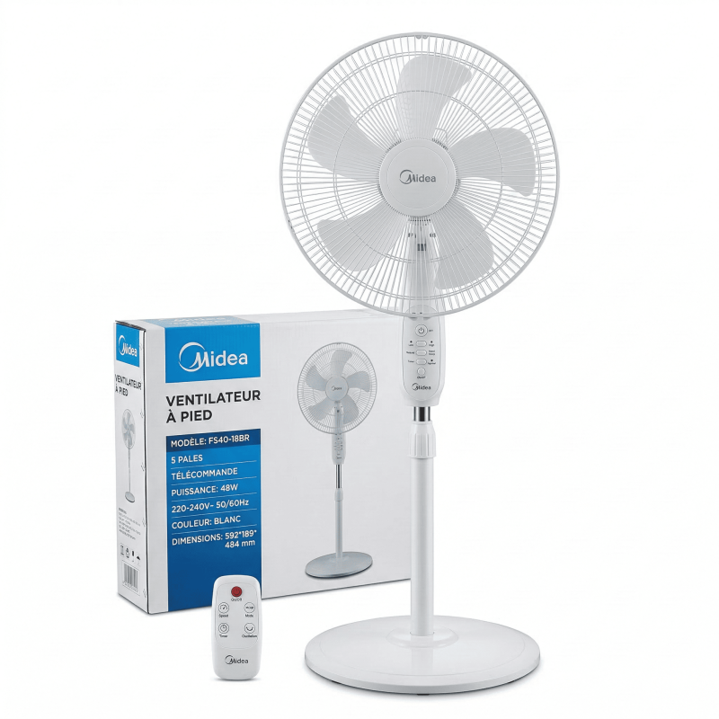 Ventilateur à Pied Midea Avec Télécommande Mode Silence – Blanc – Midea - FS40-18BR Ventilateur à Pied Midea Avec Télécommande Mode Silence – Blanc – Midea - FS40-18BR
