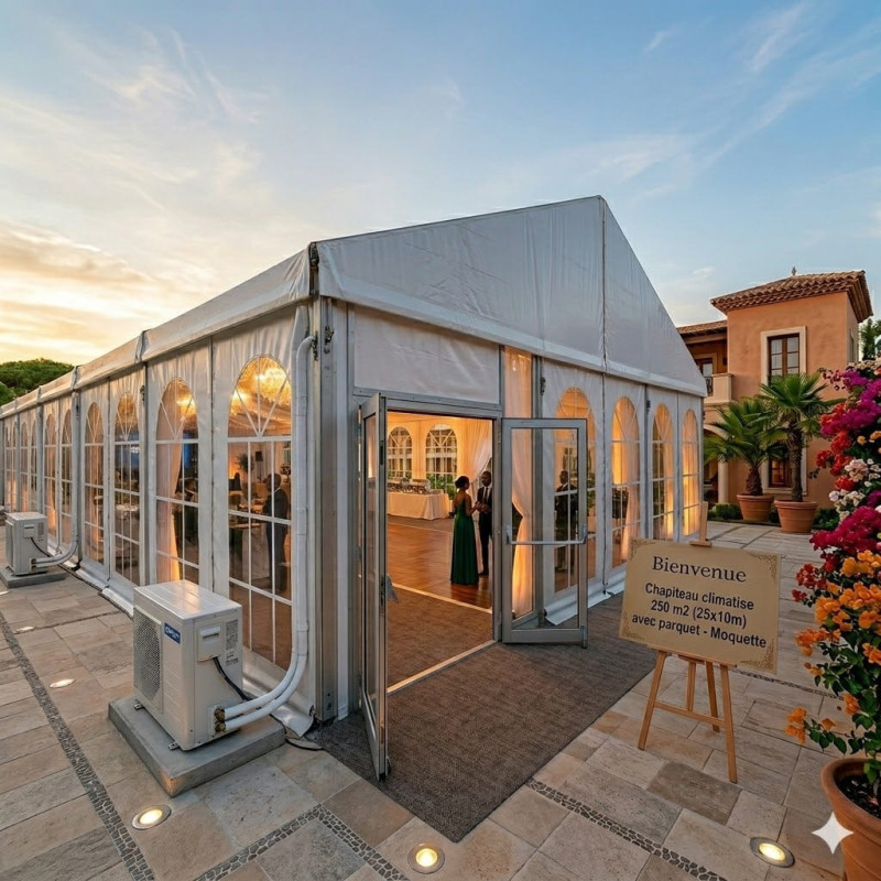 Location de Chapiteau climatisé 250 m2 (25x10m ) avec parquet - Moquette