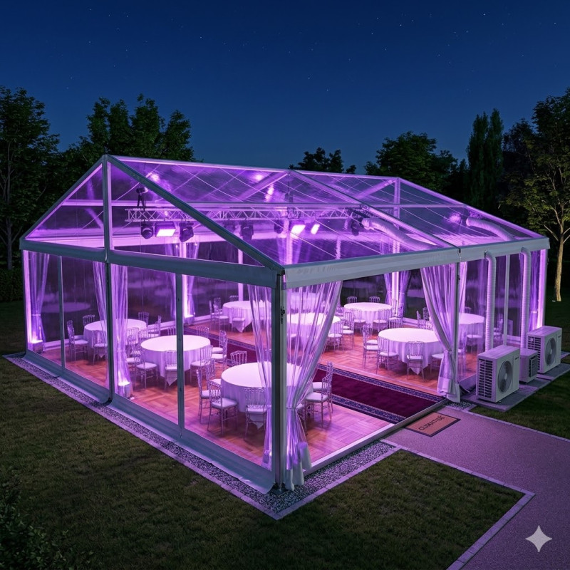 Location de Chapiteau climatisé transparent 100 m2 (10x10m ) avec parquet - Moquette