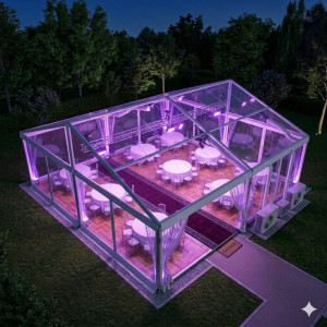 Location de Chapiteau climatisé transparent 100 m2 (10x10m ) avec parquet - Moquette