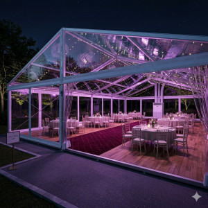 Location de Chapiteau climatisé transparent 150 m2 (10x15m ) avec parquet - Moquette