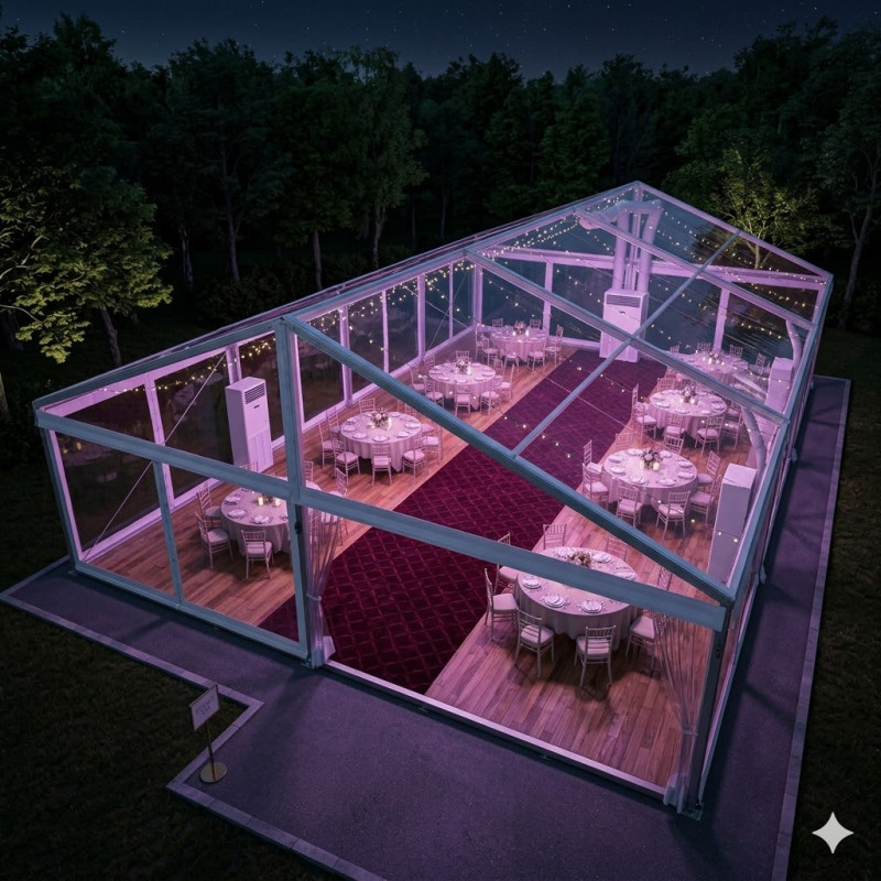 Location de Chapiteau climatisé transparent 150 m2 (10x15m ) avec parquet - Moquette