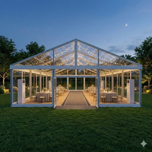 Location de Chapiteau climatisé transparent 200 m2 (10x20m ) avec parquet - Moquette