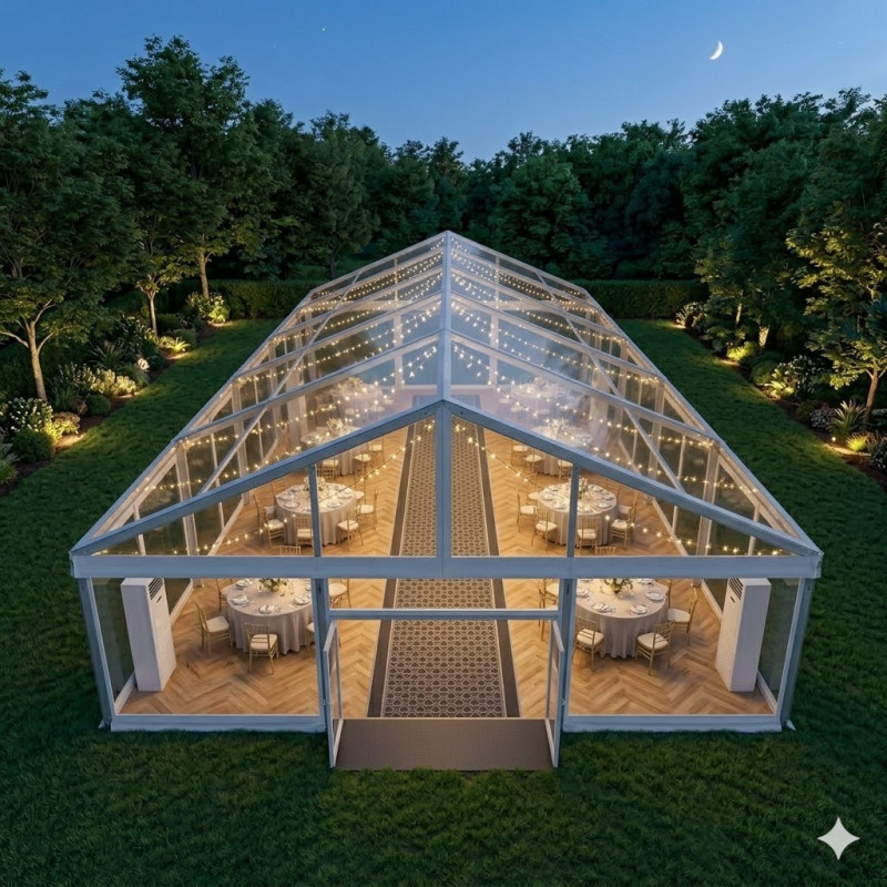 Location de Chapiteau climatisé transparent 200 m2 (10x20m ) avec parquet - Moquette