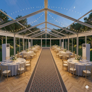 Location de Chapiteau climatisé transparent 200 m2 (10x20m ) avec parquet - Moquette