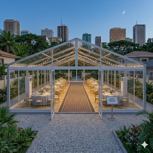 Location de Chapiteau climatisé transparent 250 m2 (10x25m ) avec parquet - Moquette