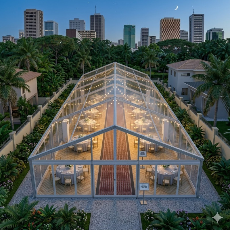 Location de Chapiteau climatisé transparent 250 m2 (10x25m ) avec parquet - Moquette
