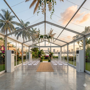 Location de Chapiteau climatisé transparent 150 m2 (10x15m ) sans parquet