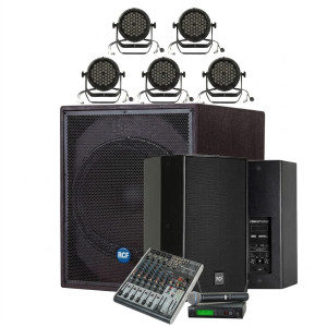 2 acoustiques 5215 - 1 Caisson Basse 8001AS - 1 Console - 1 micro UHF - 5 par étanches