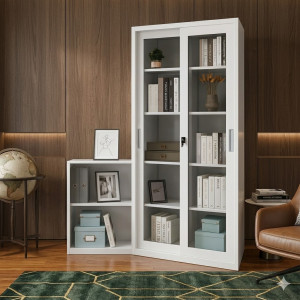 Armoire de rangement blanche à portes vitrées coulissantes et serrure