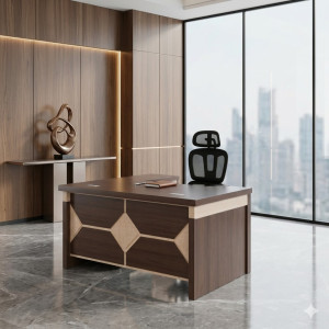 Bureau Agent en bois avec détails géométriques clairs sur le panneau avant